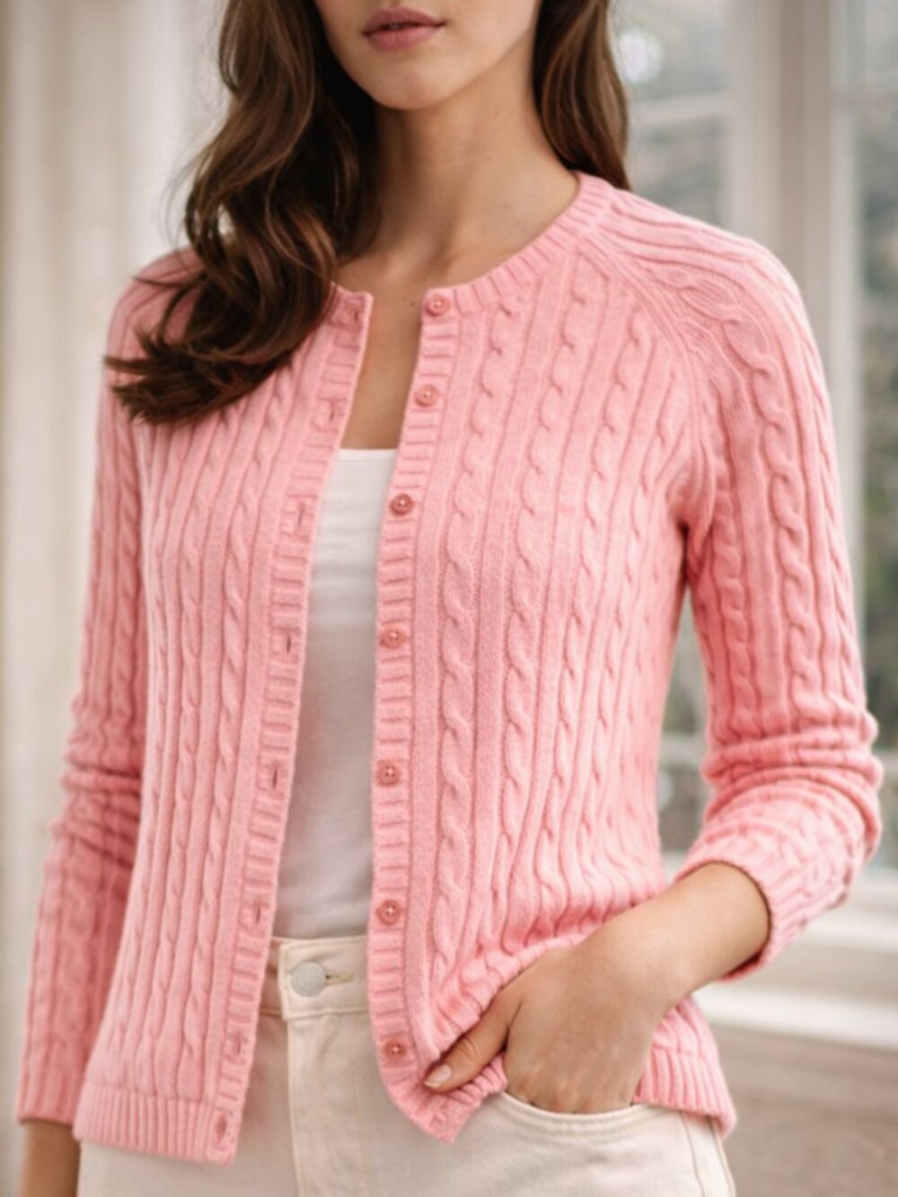 L.L. Bean Pink Cable Knit Cotton Cardigan Button Front XS